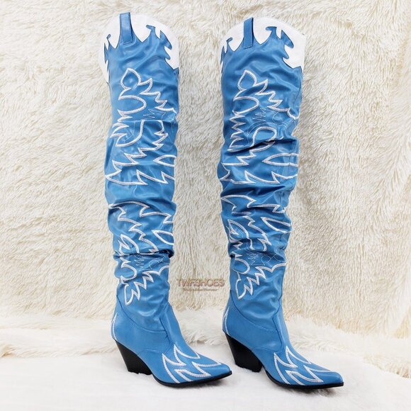 Turquoise Blue Embroidered White Western OTK Thigh High Slouch Cowboy Boots - Picture 10 of 15